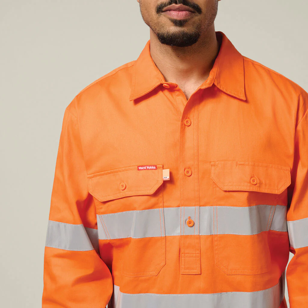 Hard Yakka Hi-Vis Closed Front Taped Long Sleeve Cotton Drill Shirt (Y07899) - Image 4