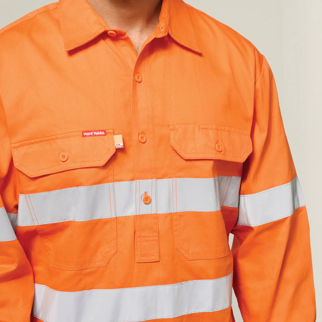 Hard Yakka Hi-Vis Closed Front Taped Long Sleeve Cotton Drill Shirt (Y07899) - Image 5
