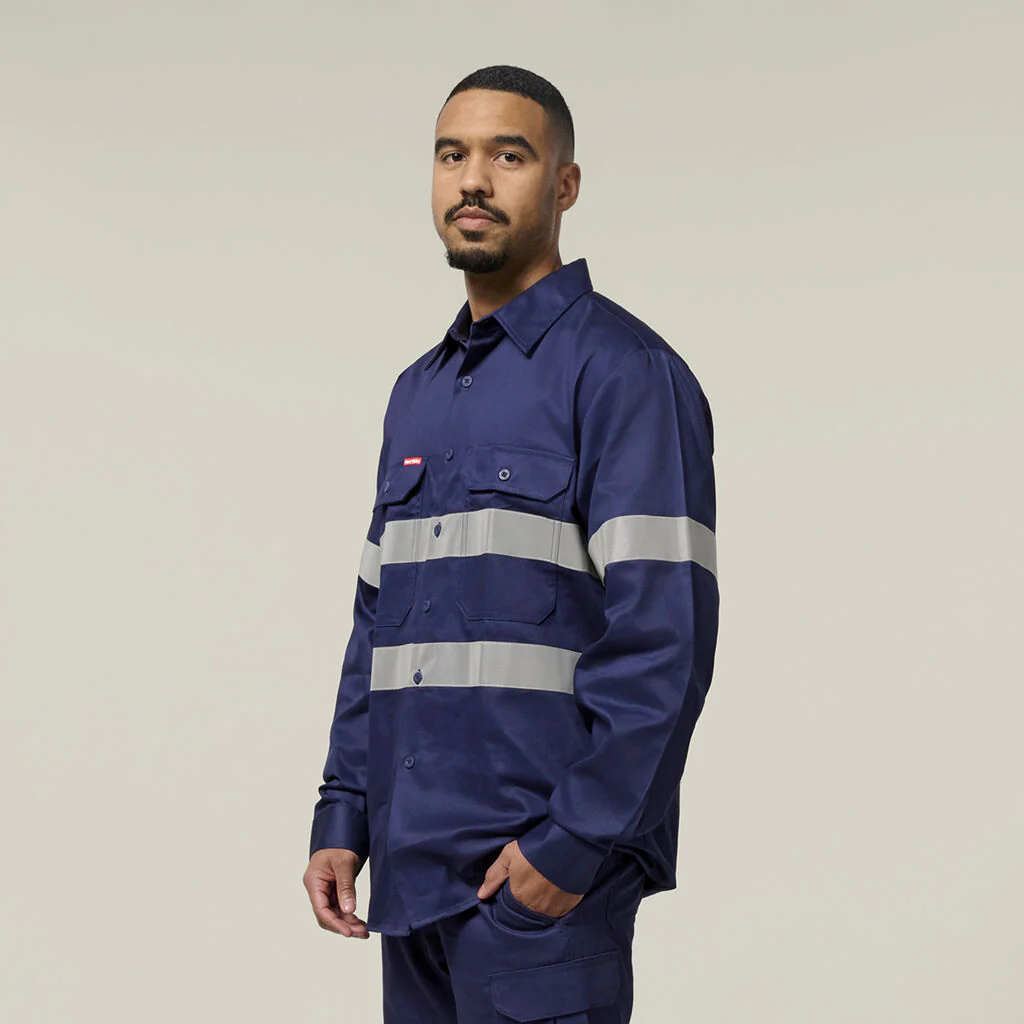 Hard Yakka Hi-Vis Cotton Drill Long Sleeve Taped Shirt (Y07227) - Image 2