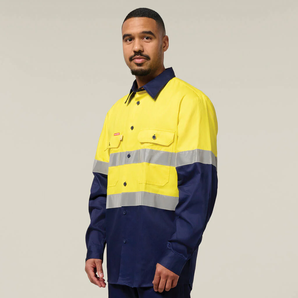 Hard Yakka Hi-Vis 2 Tone Long Sleeve Taped Cotton Drill Shirt (Y07990) - Image 4