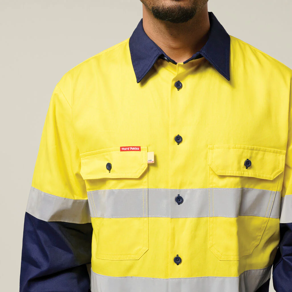 Hard Yakka Hi-Vis 2 Tone Long Sleeve Taped Cotton Drill Shirt (Y07990) - Image 6